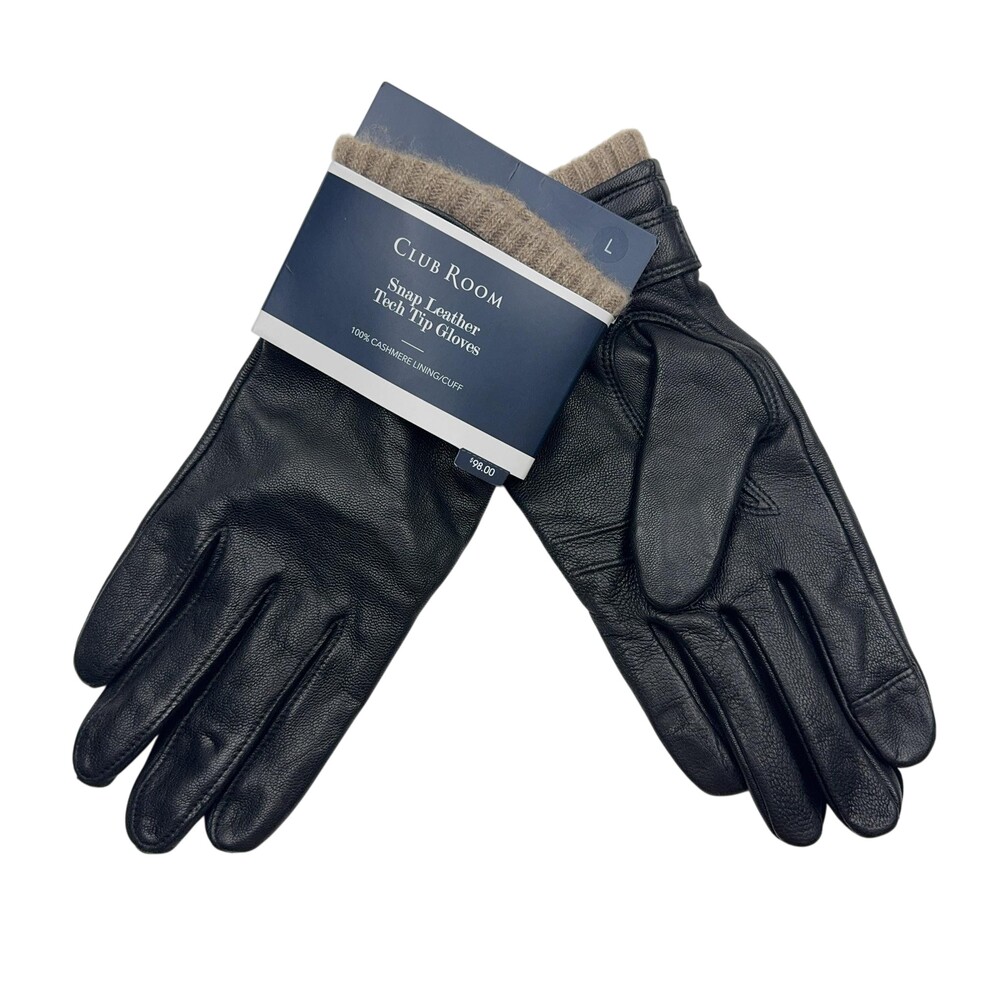 Club Room Snap Leather Tech Tip Gloves Mens L Black Cashmere Lined Winter